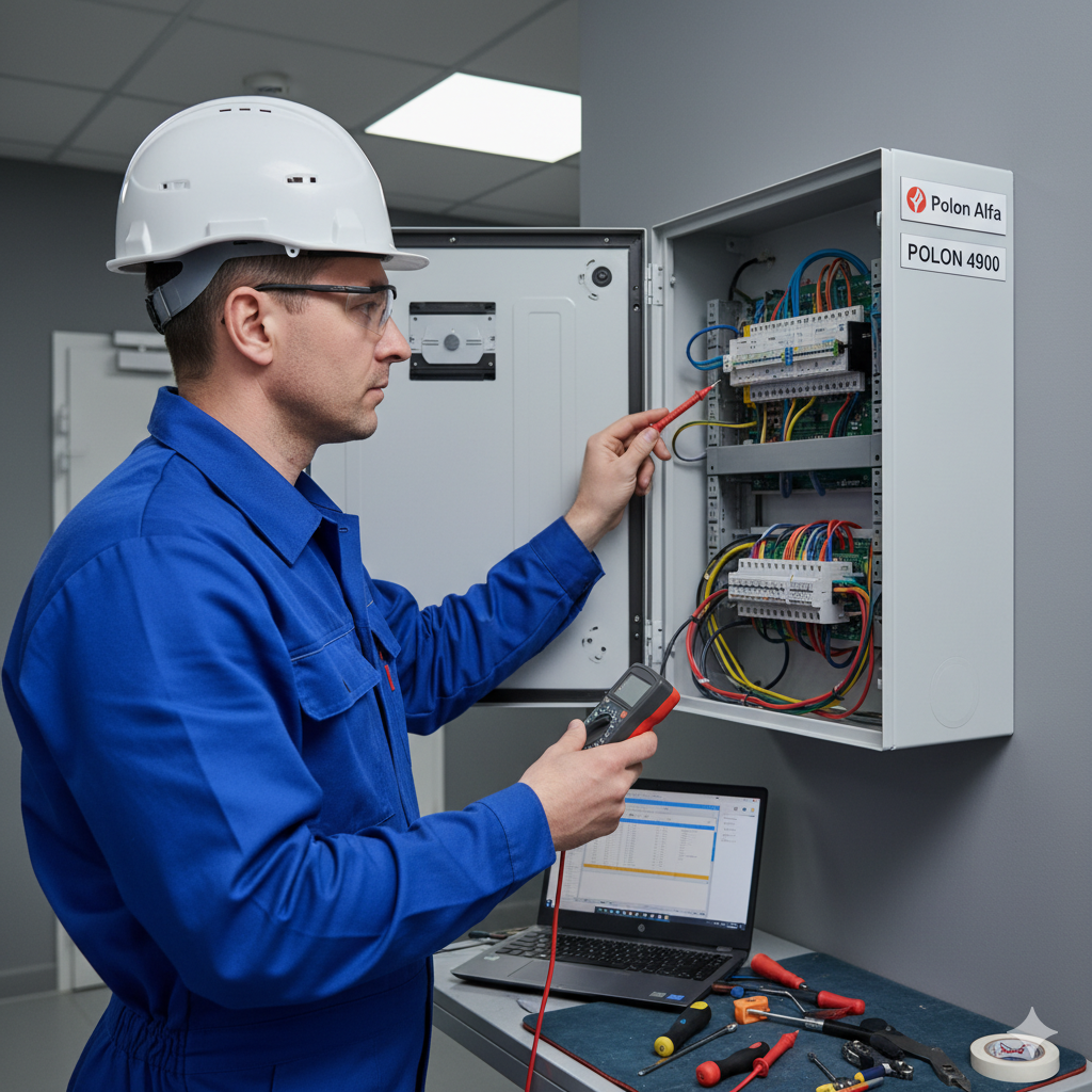 Technik serwisujący centralę systemu PPOŻ